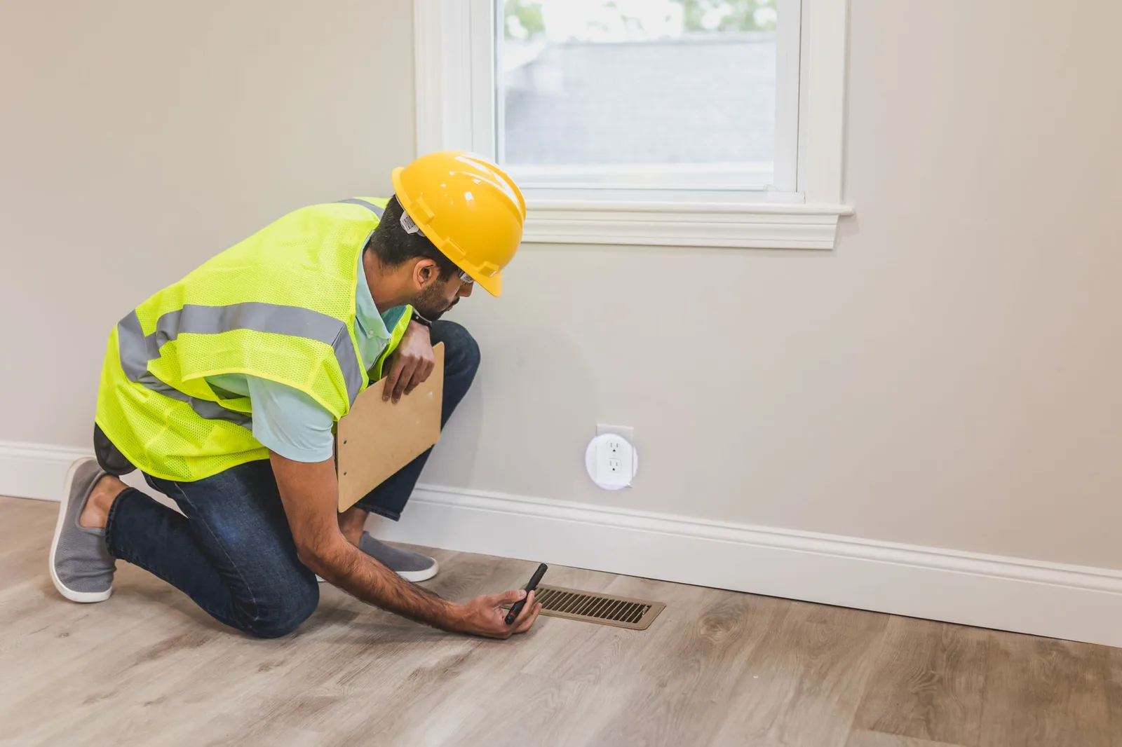 A technician inspects a home's floor vent, a common pest entry point.